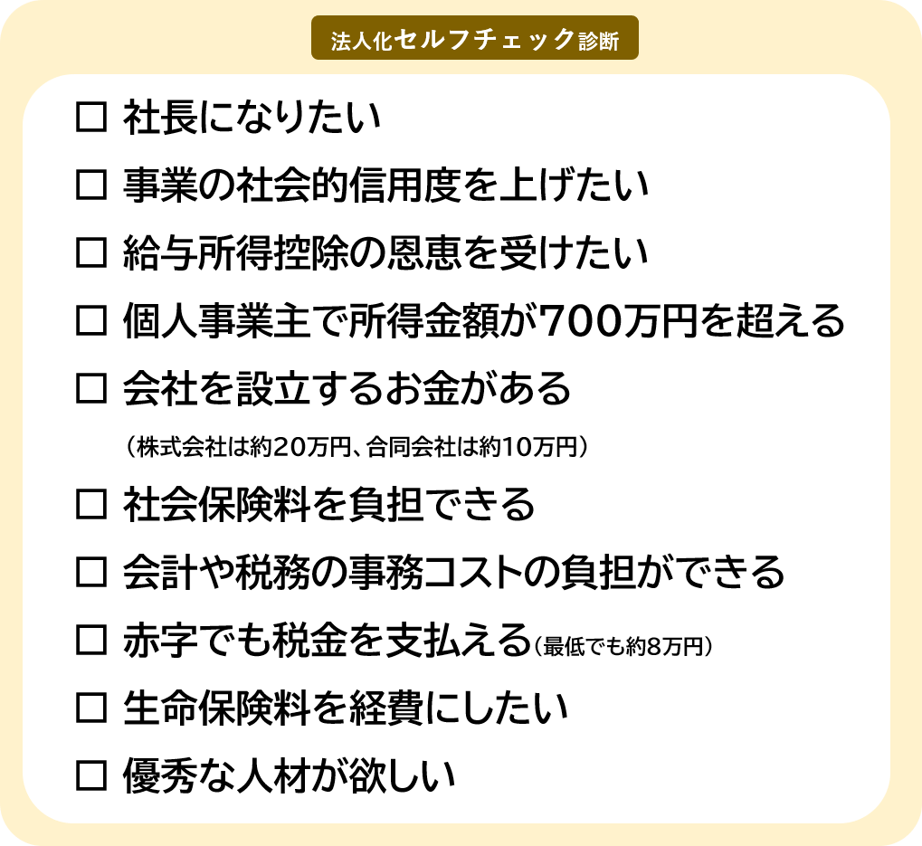 ①社長になりたい ②事業の社会的信用度を上げたい ③給与所得控除の恩恵を受けたい ④個人事業主で所得金額が700万円を超える ⑤会社を設立するお金がある（株式会社は約20万円、合同会社は約10万円） ⑥社会保険料を負担できる ⑦会計や税務の事務コストの負担ができる ⑧赤字でも税金を支払える（最低でも約8万円） ⑨生命保険料を経費にしたい ⑩優秀な人材が欲しい